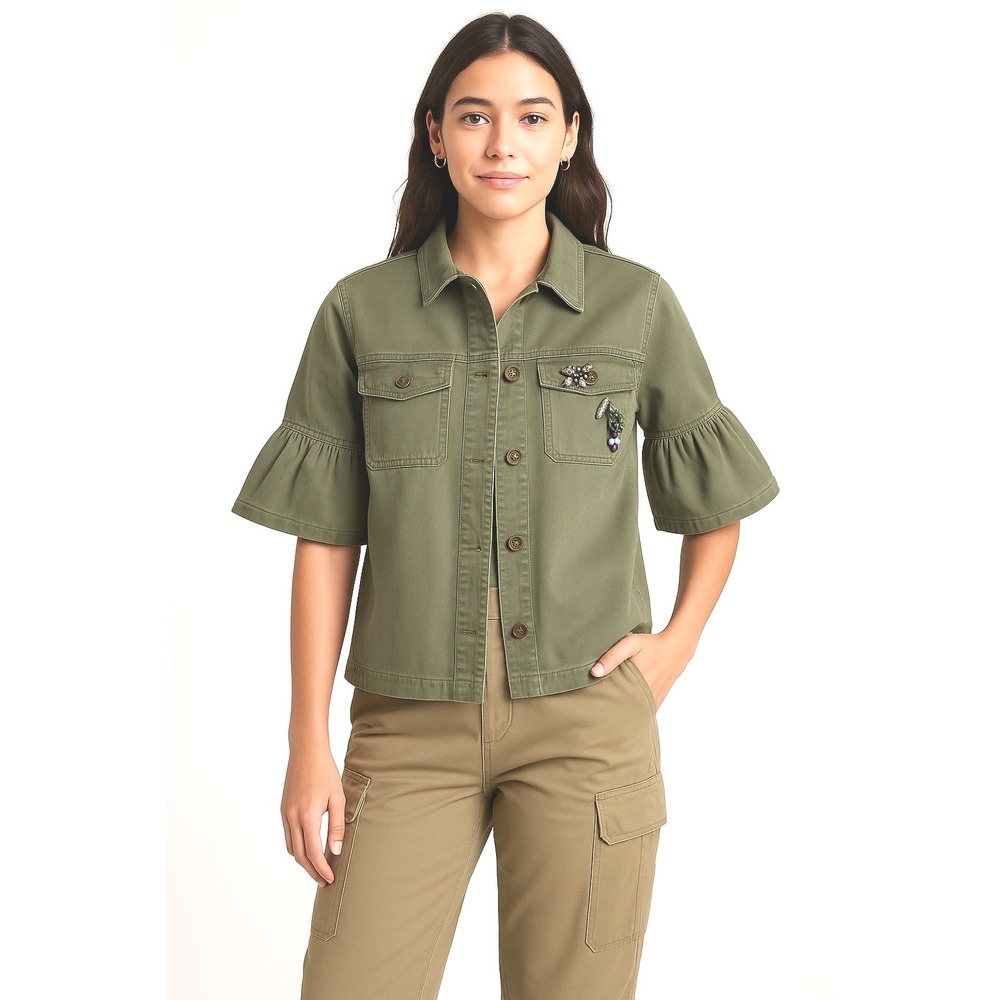 Esprit Olive Green Cotton Jacket Ruffle Sleeve Embellished M Boho Chic 57-05